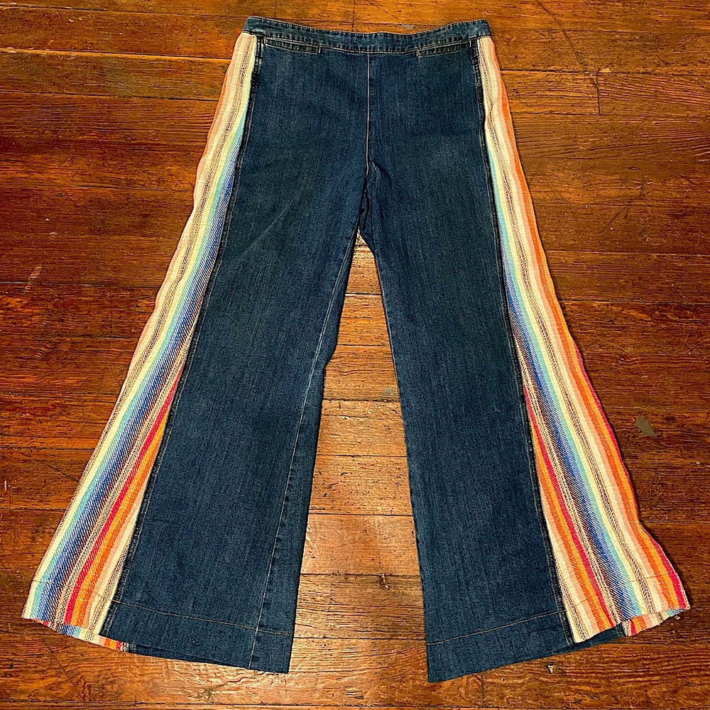Free People Bellbottom Jeans with Rainbow Knit Detail | Women’s Size 30